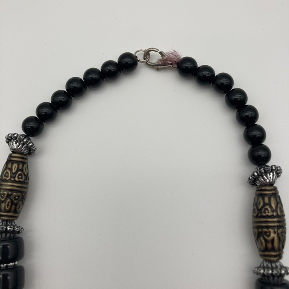 Vintage Tribal Style Bib Necklace Black & White Geometric Etched Resin Beads - Picture 3 of 6